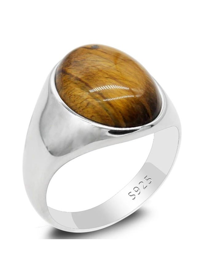 LovePlus S925 Sterling Silver Black Natural Agate Stone Brown Tiger Eye Stone Men's Ring Türkiye Handmade Jewelry Men's and Women's Luxury Ring Simple Design 6-13, 10, Metal, Agate - Image 1
