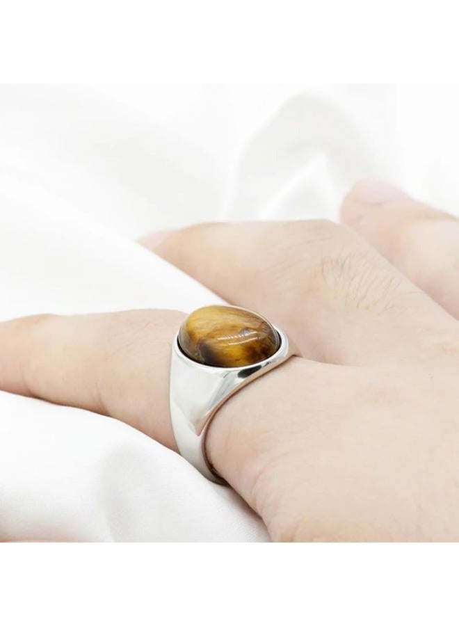 LovePlus S925 Sterling Silver Black Natural Agate Stone Brown Tiger Eye Stone Men's Ring Türkiye Handmade Jewelry Men's and Women's Luxury Ring Simple Design 6-13, 10, Metal, Agate - Image 5