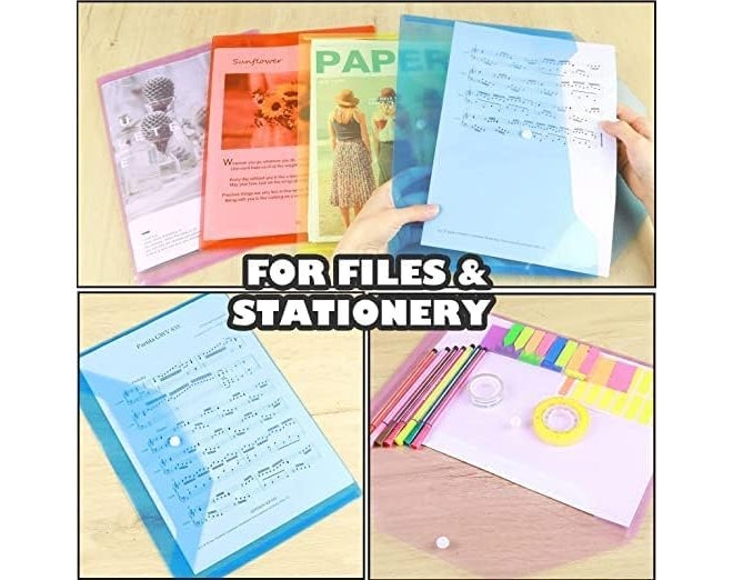 Campio Transparent Document Folder - Side Opening Colored Poly-Plastic File Storage Bag with Snap Button - A4 & Legal Size Document Folder for Certificates, Plastic File Organizer - Set of 20 - Image 5