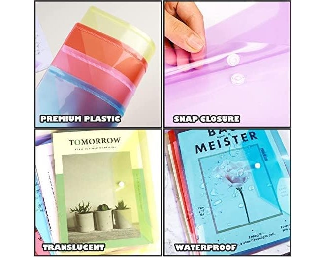 Campio Transparent Document Folder - Side Opening Colored Poly-Plastic File Storage Bag with Snap Button - A4 & Legal Size Document Folder for Certificates, Plastic File Organizer - Set of 20 - Image 3