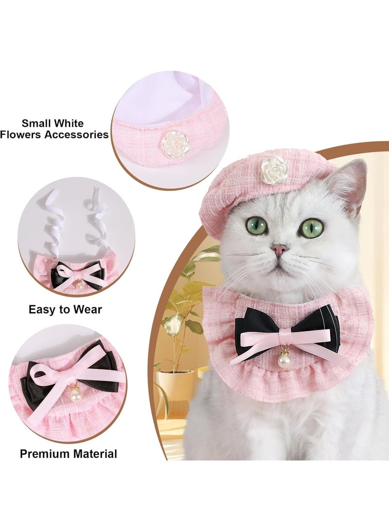 SYOSI Cat Beret Hat with Camellia Flower, Adjustable Pet Bow Tie & Bandana Scarf Set, Cute Kitty Princess Costume for Halloween, Christmas, Birthday Parties, Cat & Dog Festival Apparel (Pink Bow) - Image 4