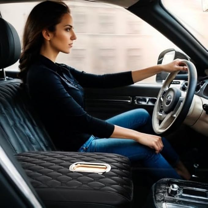 Car Center Console Armrest Box Padding Wave Embroidery Pu Leather Cover  Black With Tissue Holder - Image 3