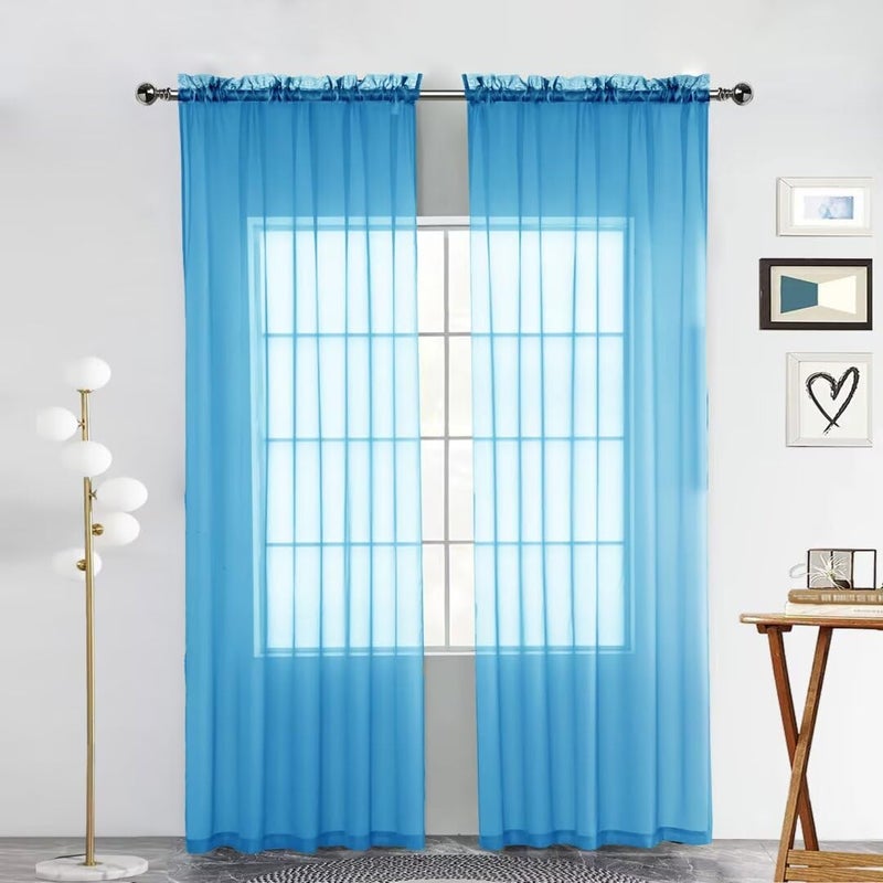 SpaceDresser Basic Rod Pocket Sheer Voile Window Curtain Panels Cyan Blue 1 Pair 2 Panels 52 Width 84 Inch Long for Kitchen Bedroom Children Living Room Yard(Cyan Blue,52 W x 84 L) - Image 1