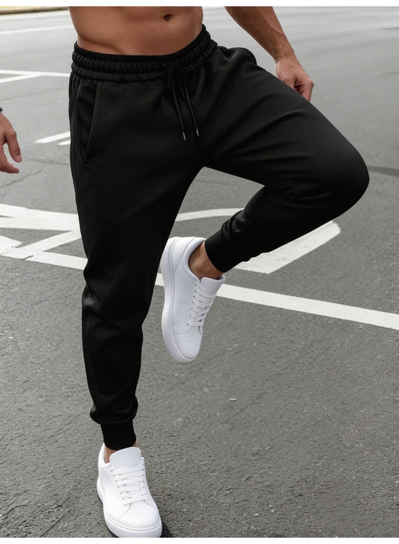 Men's Black Tapered Joggers Drawstring Waist Ribbed Ankle Cuff Casual Pants - Image 2