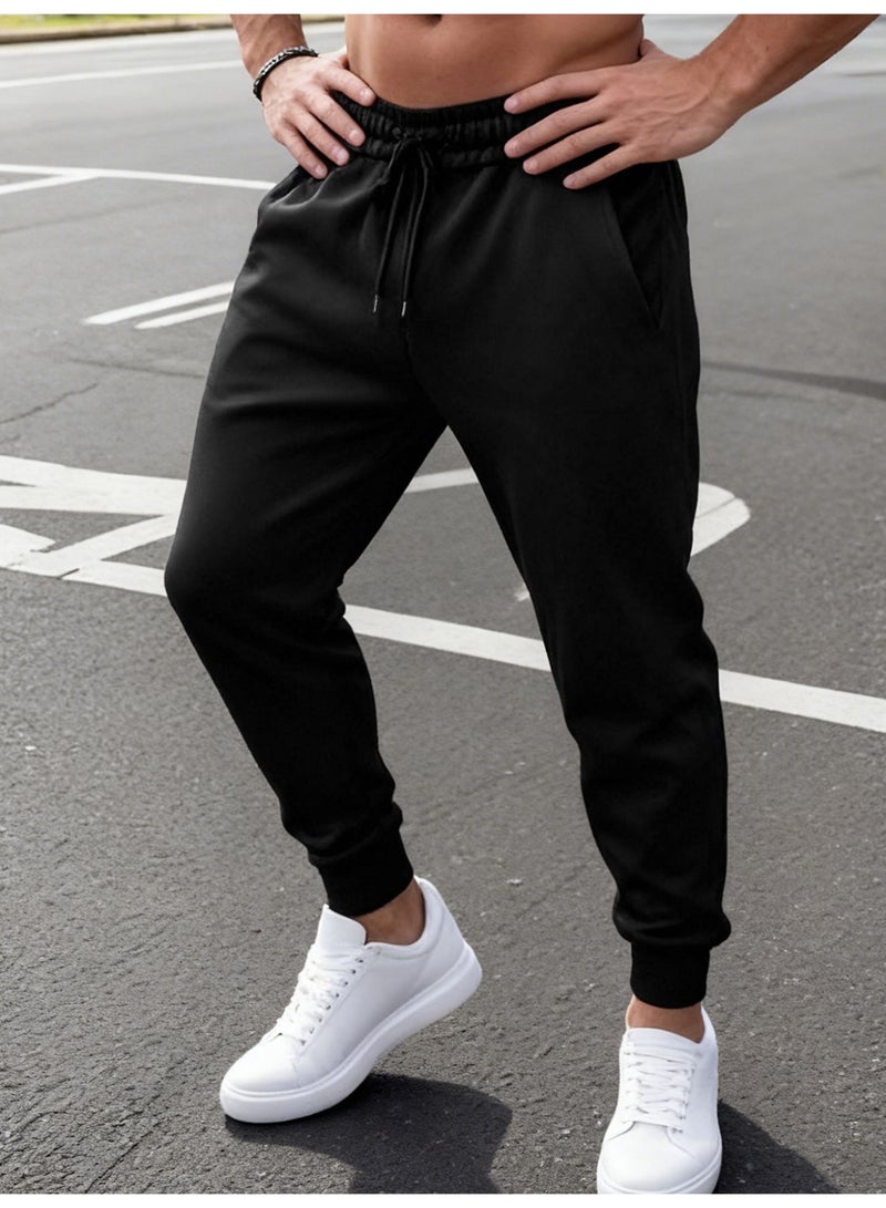 Men's Black Tapered Joggers Drawstring Waist Ribbed Ankle Cuff Casual Pants - Image 1