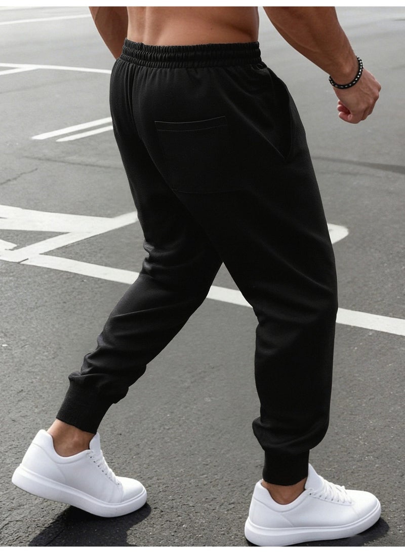 Men's Black Tapered Joggers Drawstring Waist Ribbed Ankle Cuff Casual Pants - Image 3