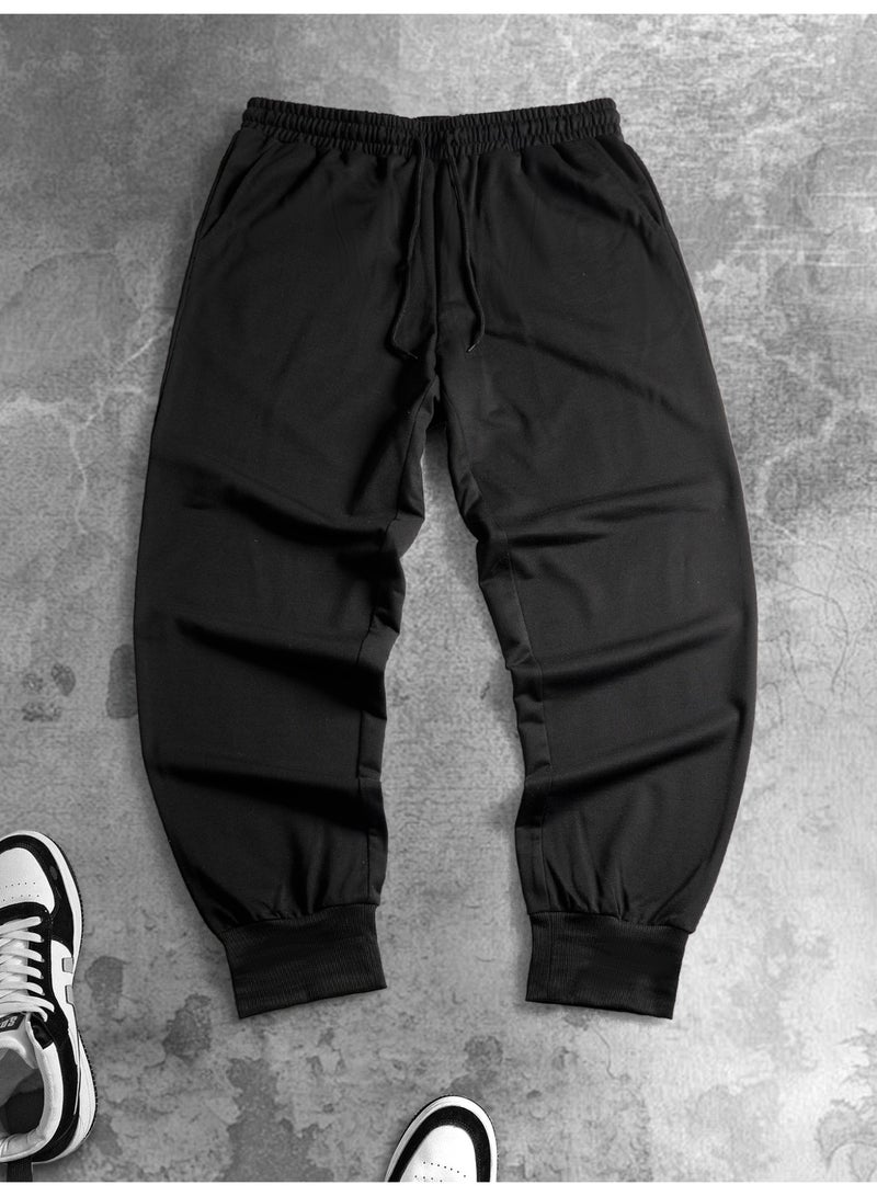 Men's Black Tapered Joggers Drawstring Waist Ribbed Ankle Cuff Casual Pants - Image 5