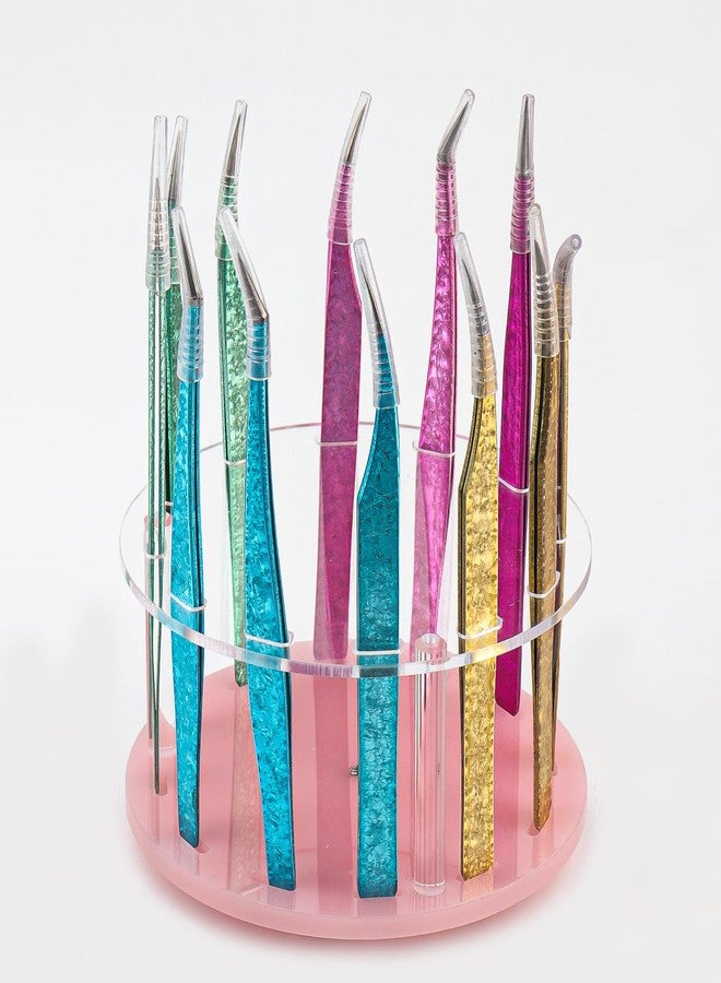 Mekupeu 12 Holes Acrylic Rotatable Tweezers Holder Eyelash Makeup Grafting Tweezer Display Stand Extensions Organizer (Pink) - Image 1