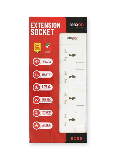 Elexon ESMA approved Universal Extension Socket with 4 Way Plug 5 meter, Power Cord / Extension for Home, Office (EL 902S)