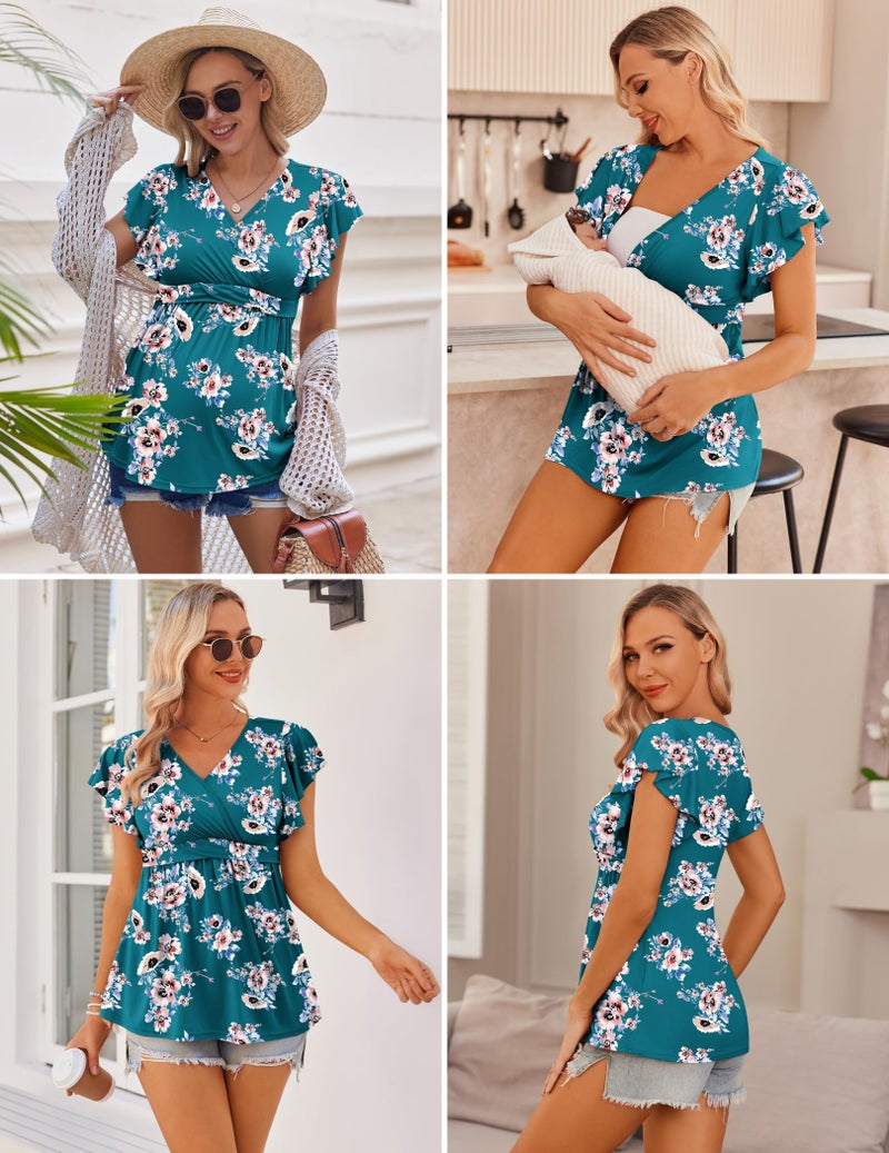 Ekouaer Maternity Shirts Flying Short Sleeve 3 Packs Nursing Tops Pregnancy Tee Black+Floral Teal+Grey S - Image 3