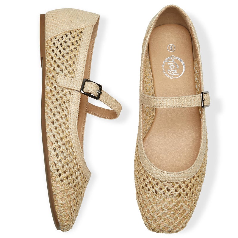 Trary Mary Jane Shoes Women Woven Flats for Women Ballet Flats Shoes Squared Toe Mary Jane Flats Ankle Strap Dressy Comfortable Beige Size 7 - Image 4