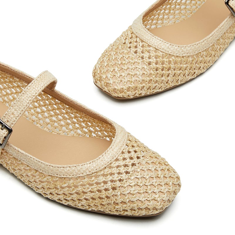 Trary Mary Jane Shoes Women Woven Flats for Women Ballet Flats Shoes Squared Toe Mary Jane Flats Ankle Strap Dressy Comfortable Beige Size 7 - Image 3