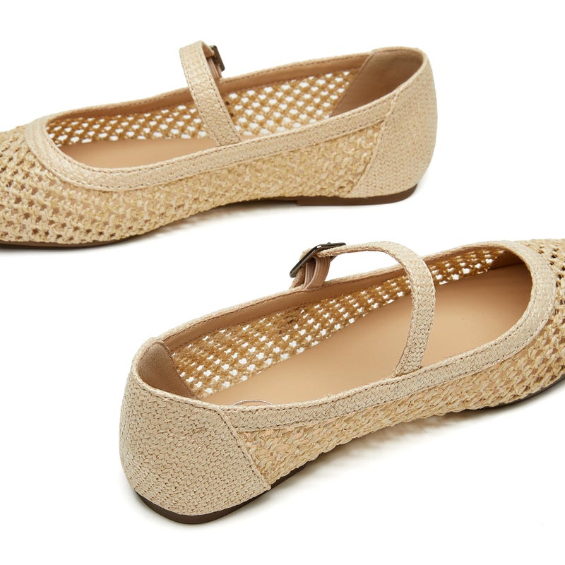 Trary Mary Jane Shoes Women Woven Flats for Women Ballet Flats Shoes Squared Toe Mary Jane Flats Ankle Strap Dressy Comfortable Beige Size 7 - Image 5
