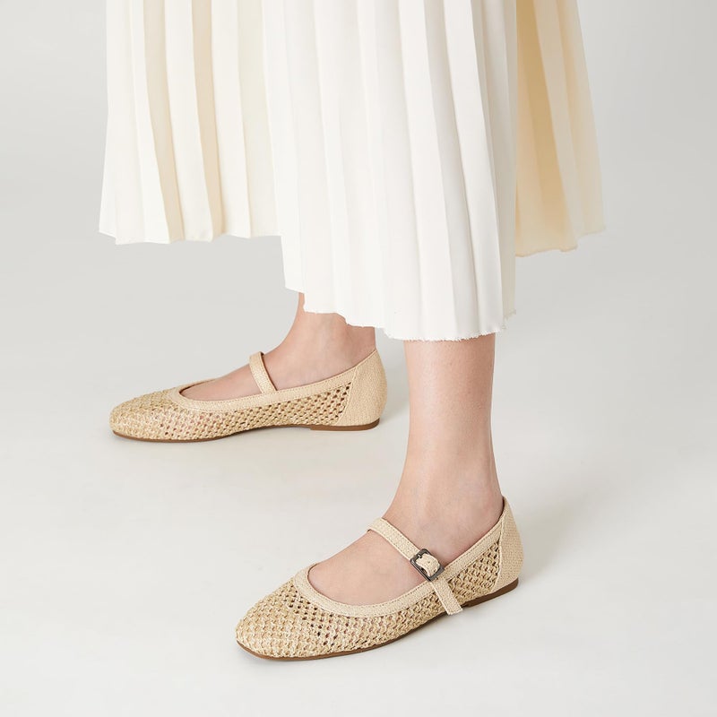 Trary Mary Jane Shoes Women Woven Flats for Women Ballet Flats Shoes Squared Toe Mary Jane Flats Ankle Strap Dressy Comfortable Beige Size 7 - Image 2