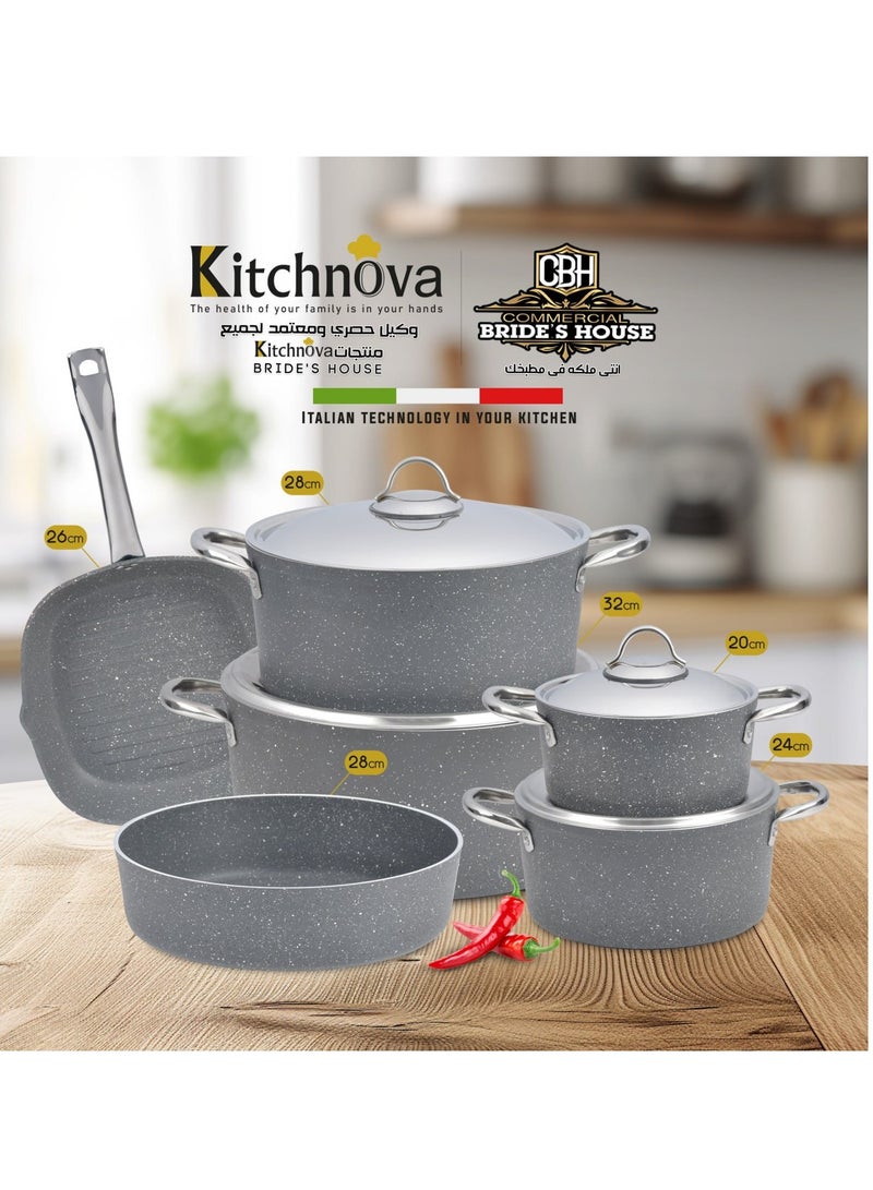 Kitchnova 10 Piece Kitchennova Set Pot (20 + 24 + 28 + 32) + Grill M26 + Oven Tray M28 With A Gray Steel Handle 