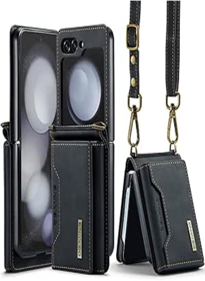 FASHION MANIA Cards Solt Wallet Crossbody Lanyard Leather Cover For Samsung Galaxy Z Flip 5 2023 5G Purse Pocket Shoulder Strap Phone Case (Black) 