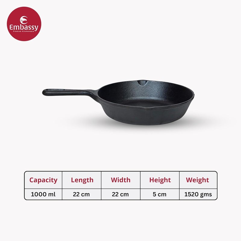 EMBASSY Cast Iron Skillet/Frying Pan, 8 Inches, Pre-Seasoned Cookware Made in India - Image 2