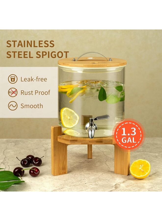 موزع مشروبات، موزع مشروبات زجاجي مع حامل، موزع مشروبات للحفلات، موزع مشروبات مع حامل، حامل خشبي، موزع مشروبات مثلجة أو ساخنة سعة 5 لتر؟ 7.9×7.9×12.6 بوصة - Image 3