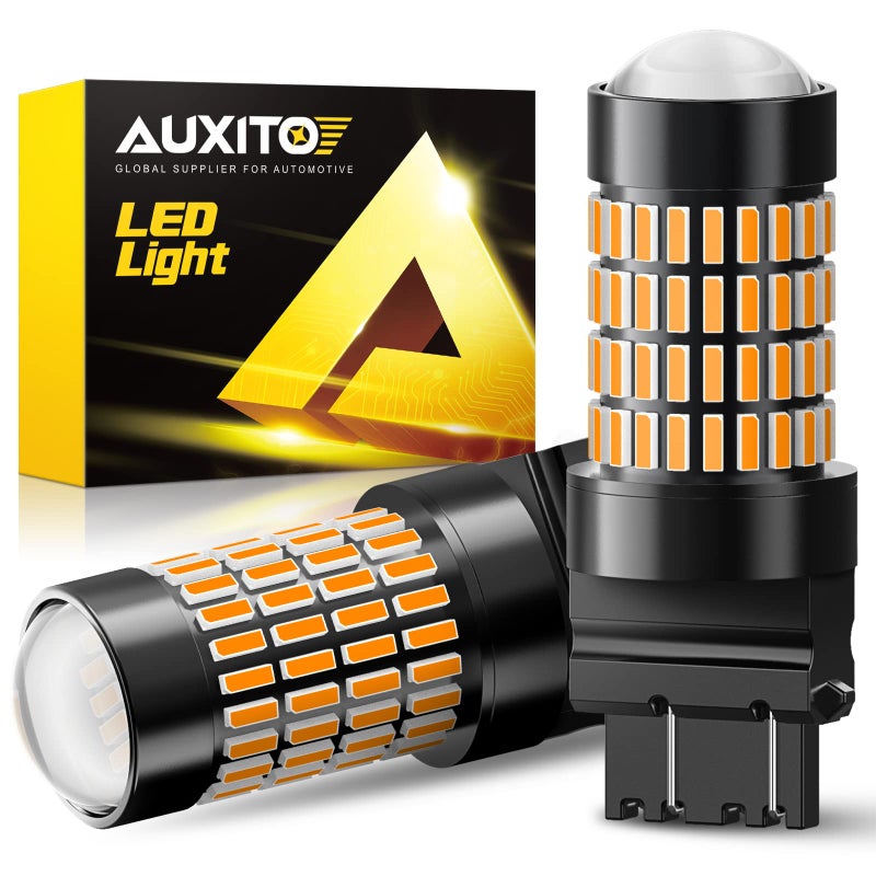 مصابيح AUXITO 3157 LED برتقالية 500 أكثر سطوعًا 3056 3156 3057 4157 LED 102SMD شرائح مع بروجيكتور لإشارة الانعطاف ومؤشر ومصابيح الرجوع للخلف ومصابيح الانتظار عبوة من 2