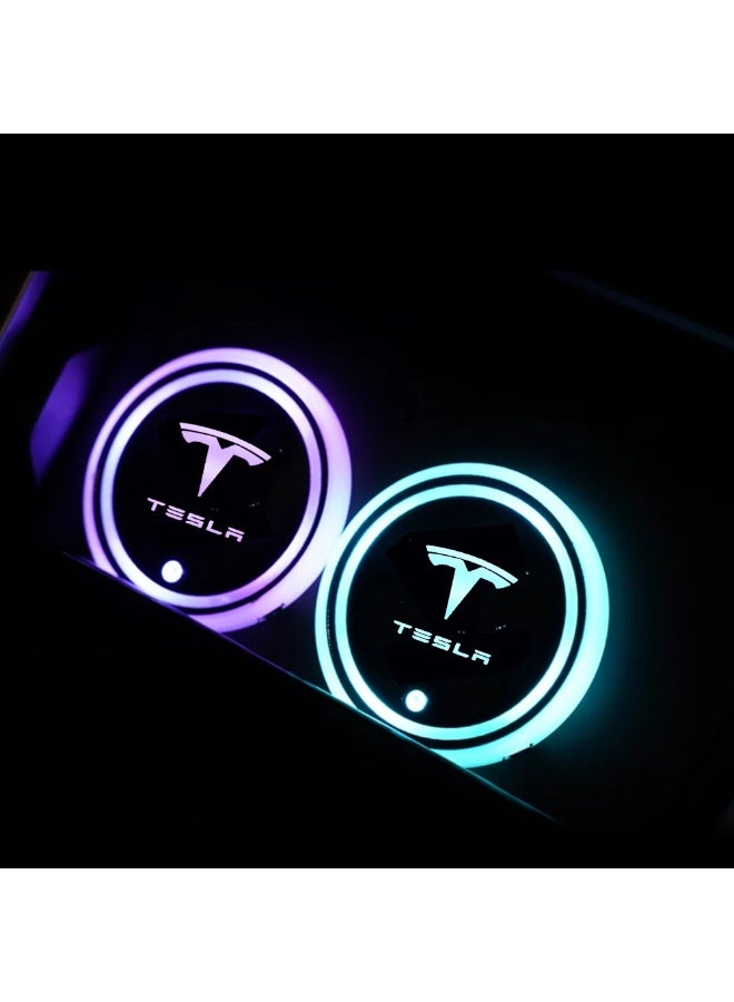 فيريكس حامل أكواب LED للسيارة عدد 2 لتسلا موديل 3/Y/S/X إضاءة داخلية ملونة بـ7 ألوان، قواعد أكواب مضيئة قابلة للشحن عبر USB - Image 1
