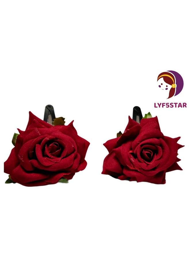 LYF5STAR Handmade Artificial Red Rose Flower Bride Tiktok Hairpin Red Velvet Rose Hairpin For Girls And Women (Pack Of 2) - Image 3