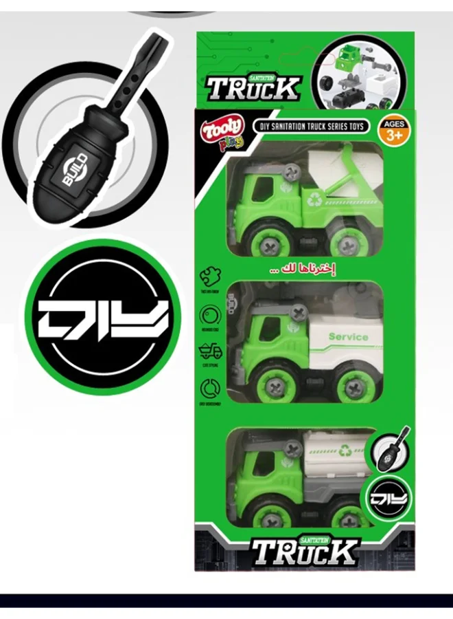 TOOLY 3-in-1 DIY Take Apart Sanitation Truck Set for Kids – Build Your Own Garbage Truck, Crane Truck & Sprinkler Truck – STEM Construction Toy with Screwdriver  (Ages 3+)