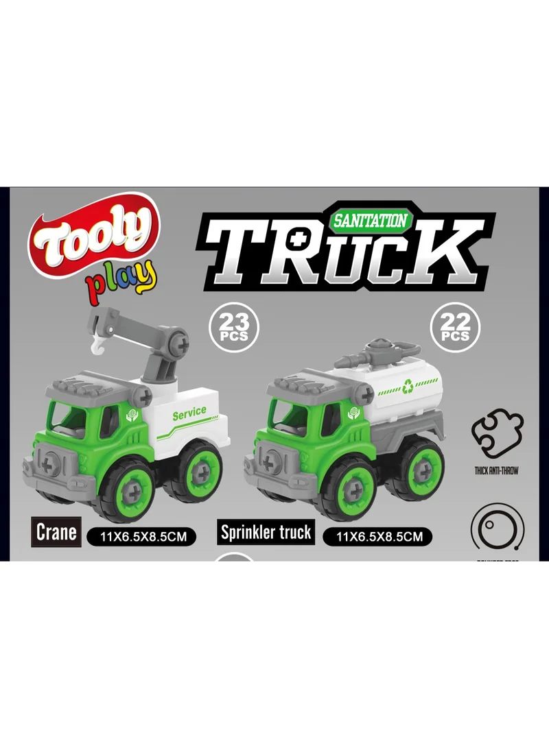 TOOLY 3-in-1 DIY Take Apart Sanitation Truck Set for Kids – Build Your Own Garbage Truck, Crane Truck & Sprinkler Truck – STEM Construction Toy with Screwdriver  (Ages 3+)