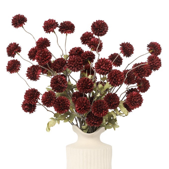 6PCS ARTIFICIAL FLOWERS FAUX SILK POMPON MUMSILK SMALL MINI CHRYSANTHEMUM BALL WITH STEMS FOR DIY WEDDING BOUQUETS CENTERPIECES VASE HOME TABLE KITCHEN DECORATIONSBURGUNDY