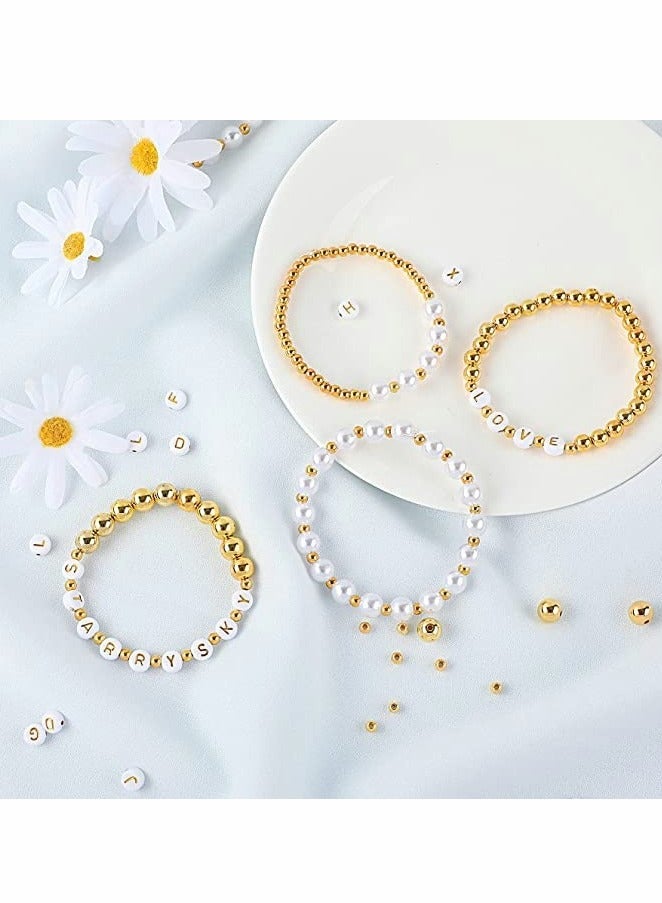 Zikra Beads Making Kit 1800Pcs Gold Round Spacer Beads Smooth Loose Ball 150Pcs Alphabet Beads 150Pcs White Pearls Beads and 2 Rolls Elastic String for DIY Bracelet Jewelry Craft - Image 3