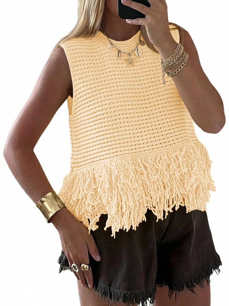 Saodimallsu Womens Crochet Crop Tank Tops Sleeveless Fringe Crew Neck Trendy Boho Knit Summer Sweater Vest Apricot - Image 1