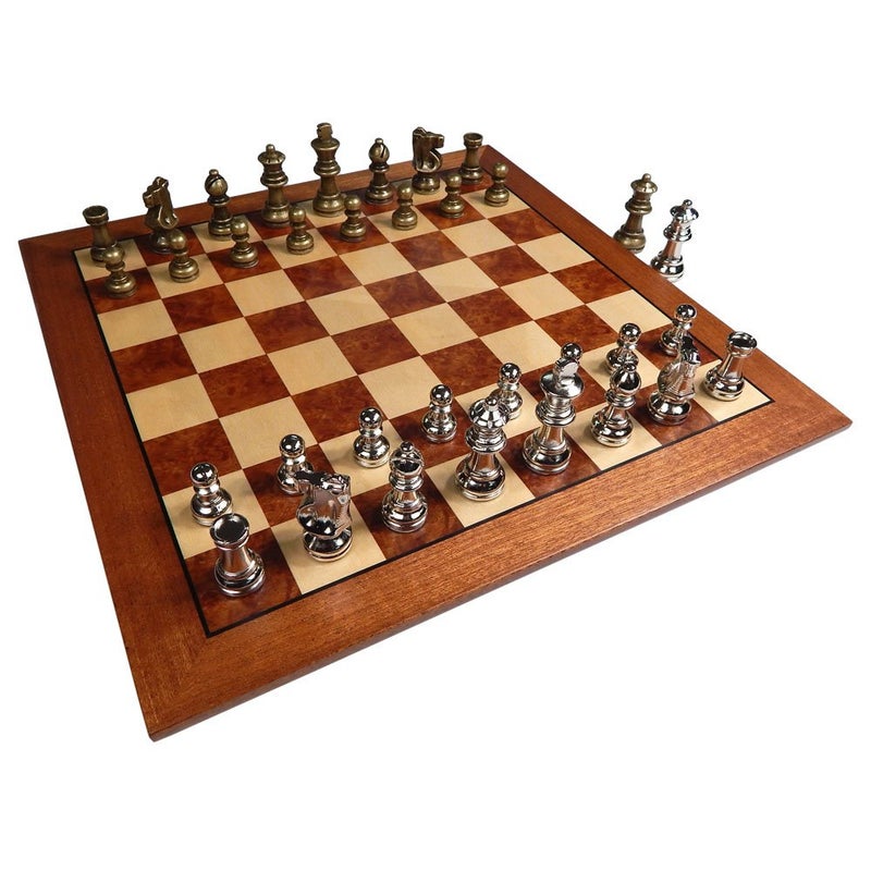Hayes Inlaid Maple Mahogany and Sapele Wood Chess Board with Metal Pieces 25 Inch King and Extra Queens Large 15 x 15 Inch Set