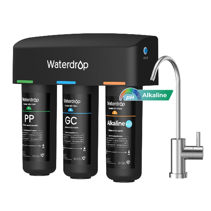 Waterdrop TSB-ALK 8 Layer Slightly Alkaline Under Sink Water Filter System, Reduces PFAS, PFOA/PFOS, Fluoride, Chlorine, Bad Taste & Odor, with Dedicated Faucet, Under Sink Water Filtration System - Image 1