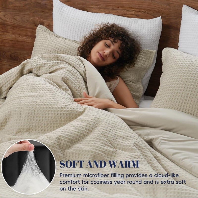 PHF Ultra Soft Waffle Weave 3 Pieces Comforter Set King Size, Lightweight Breathable Comfy Textured, Includes 1 Comforter (275cm x 230cm) with 2 Pillow Shams (50 cm x 90 cm), Linen Beige color - Image 2