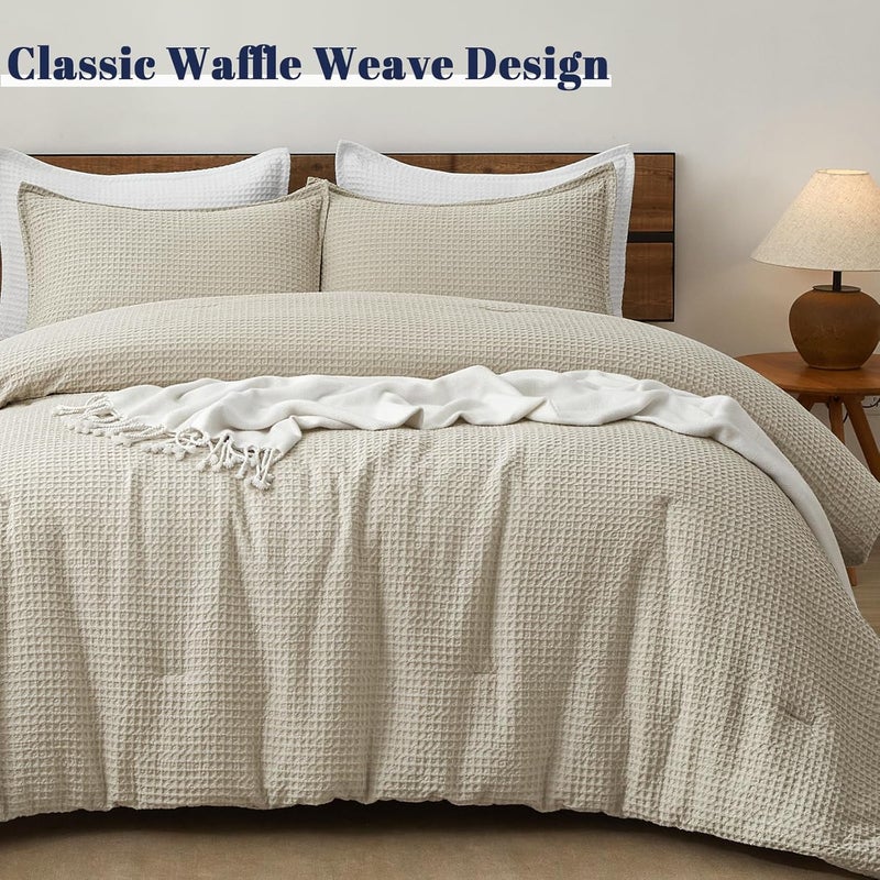 PHF Ultra Soft Waffle Weave 3 Pieces Comforter Set King Size, Lightweight Breathable Comfy Textured, Includes 1 Comforter (275cm x 230cm) with 2 Pillow Shams (50 cm x 90 cm), Linen Beige color - Image 5