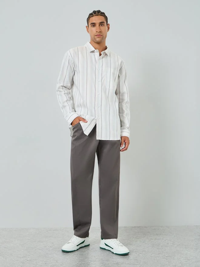Styli Styli Men White Relaxed Fit Striped Cotton Shirt