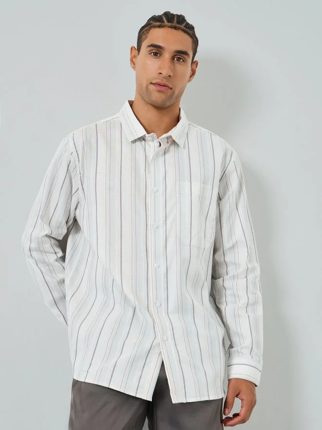 Styli Styli Men White Relaxed Fit Striped Cotton Shirt