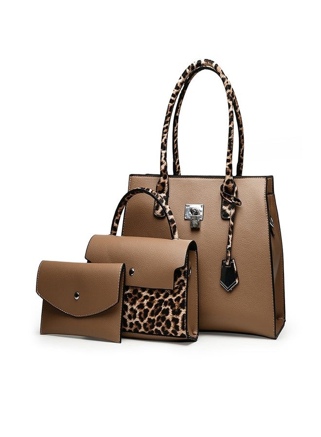 FANDARE Women Handbags Wallet Tote Shoulder Bag PU Leather Top Handle Satchel Purse Set 3pcs Set Retro Leopard Ladies Crossbody Handbag Ladies Top-Handle Clutch Wallet for Daily Work Travel Khaki - Image 1