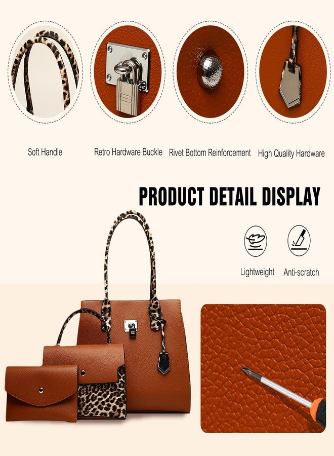 FANDARE Women Handbags Wallet Tote Shoulder Bag PU Leather Top Handle Satchel Purse Set 3pcs Set Retro Leopard Ladies Crossbody Handbag Ladies Top-Handle Clutch Wallet for Daily Work Travel Khaki - Image 4