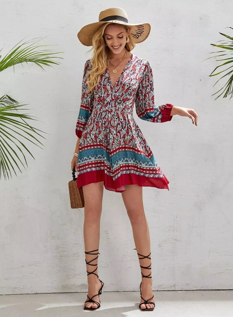 Lantern Sleeve Surplice Neck Hanky Hem Paisley Dress  - Image 1