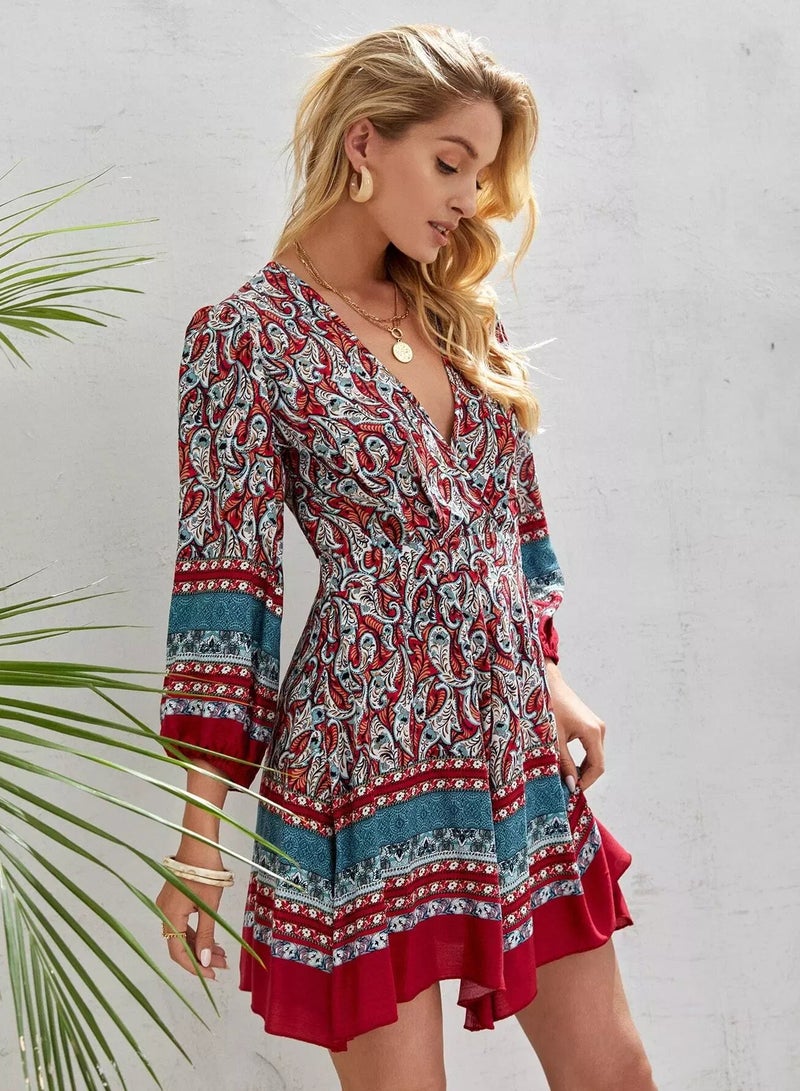 Lantern Sleeve Surplice Neck Hanky Hem Paisley Dress  - Image 5
