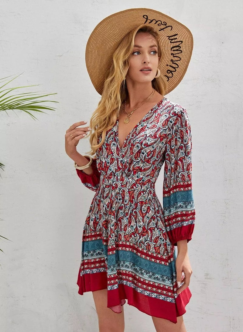 Lantern Sleeve Surplice Neck Hanky Hem Paisley Dress  - Image 3