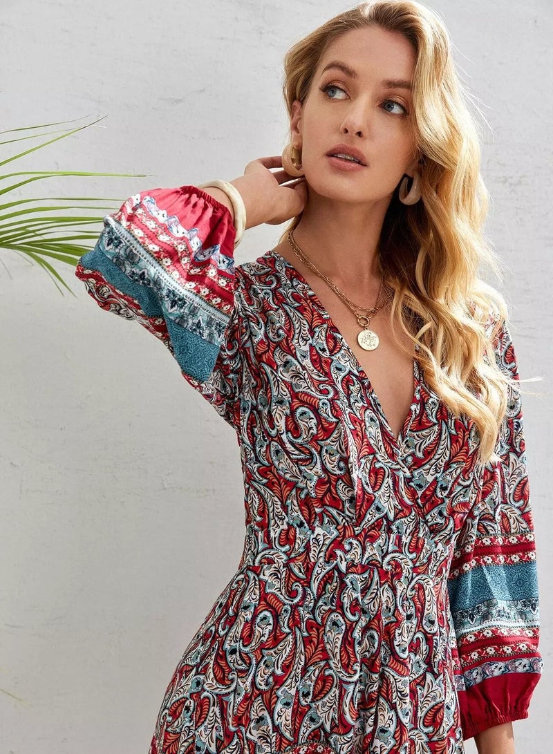 Lantern Sleeve Surplice Neck Hanky Hem Paisley Dress  - Image 4