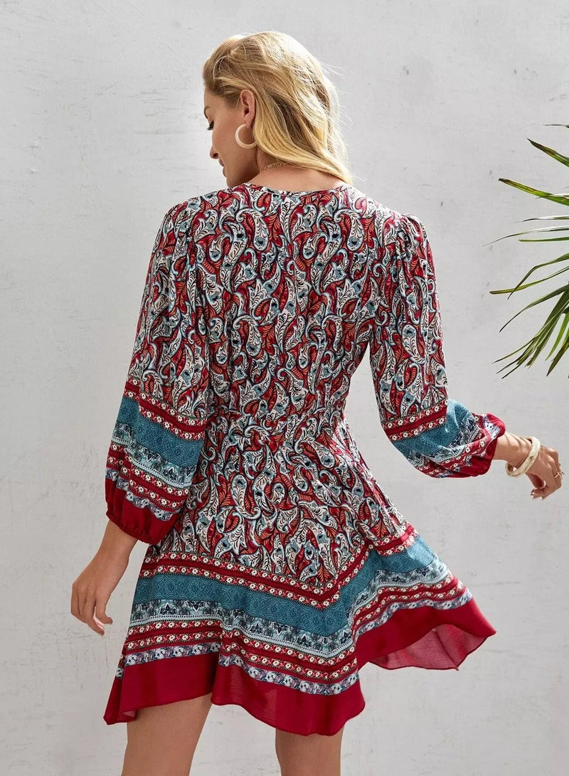 Lantern Sleeve Surplice Neck Hanky Hem Paisley Dress  - Image 2