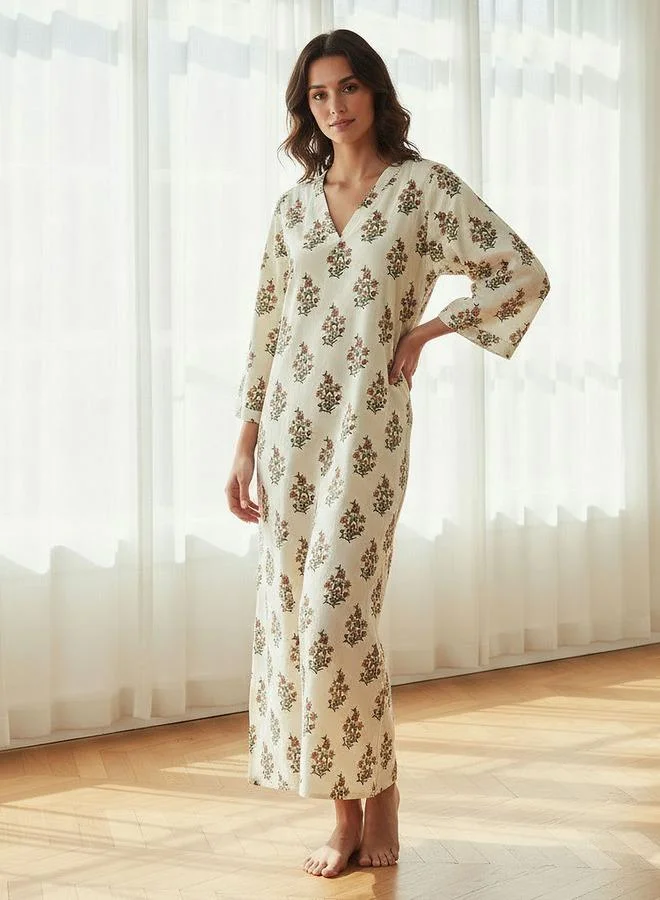 سبلاش فيڤ فستان نوم بأكمام طويلة وطبعة قطنية