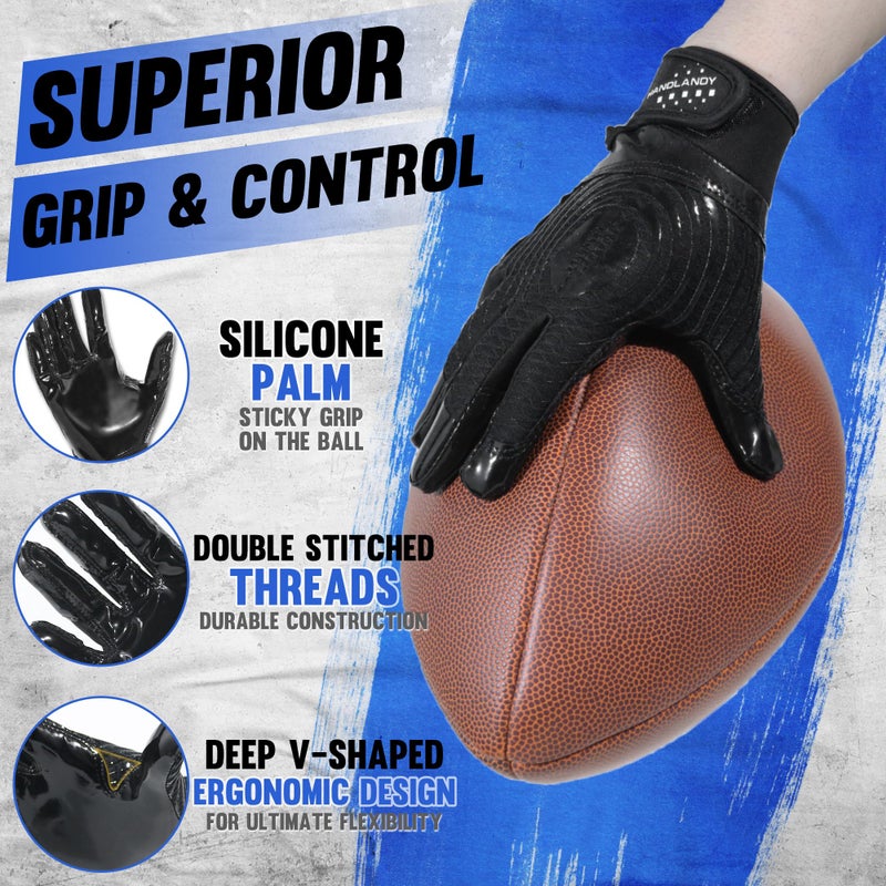 HANDLANDY Football Gloves, Super Grip Men's Receiver Gloves Best Gift for Men and Women (Dark Black, Adult Medium) - Image 2