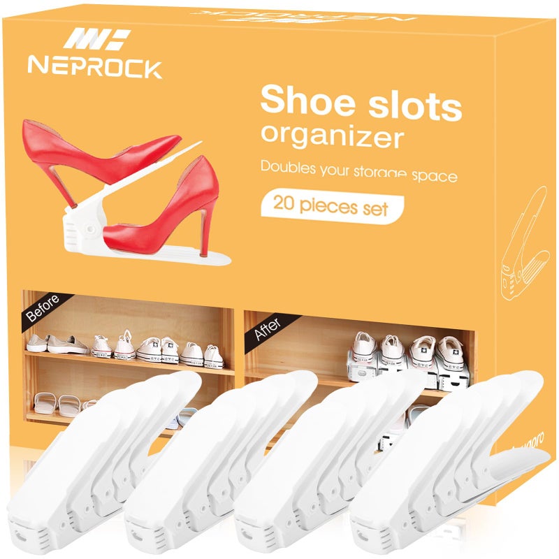 Neprock Shoe Slots Organizer, 20 Pack Adjustable Shoe Rack Stacker Storage Space Saver, Double Deck Shoe Rack Holder for Closet Organization (White) - Image 1