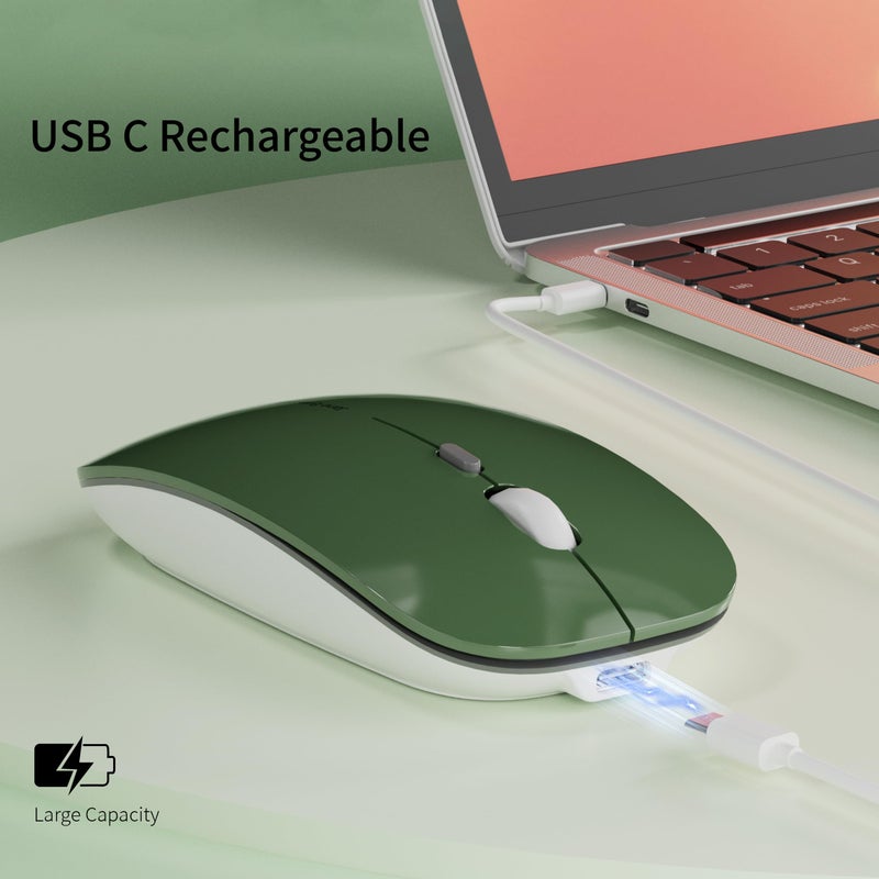 Uciefy Q5 Slim Rechargeable Wireless Mouse, 2.4G Portable Optical Silent Ultra Thin Wireless Computer Mouse with USB Receiver and Type C Adapter, Compatible with PC, Laptop, Desktop (Blackish Green) - Image 2