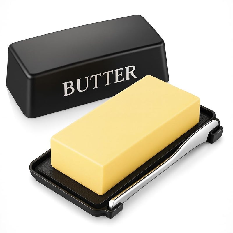 Dehov Butter Dish With Cover And Knife,Food Grade Plastic Butter Holder With Lid For Countertop,Black Dishwasher Safe Butter Storage Container - Image 1