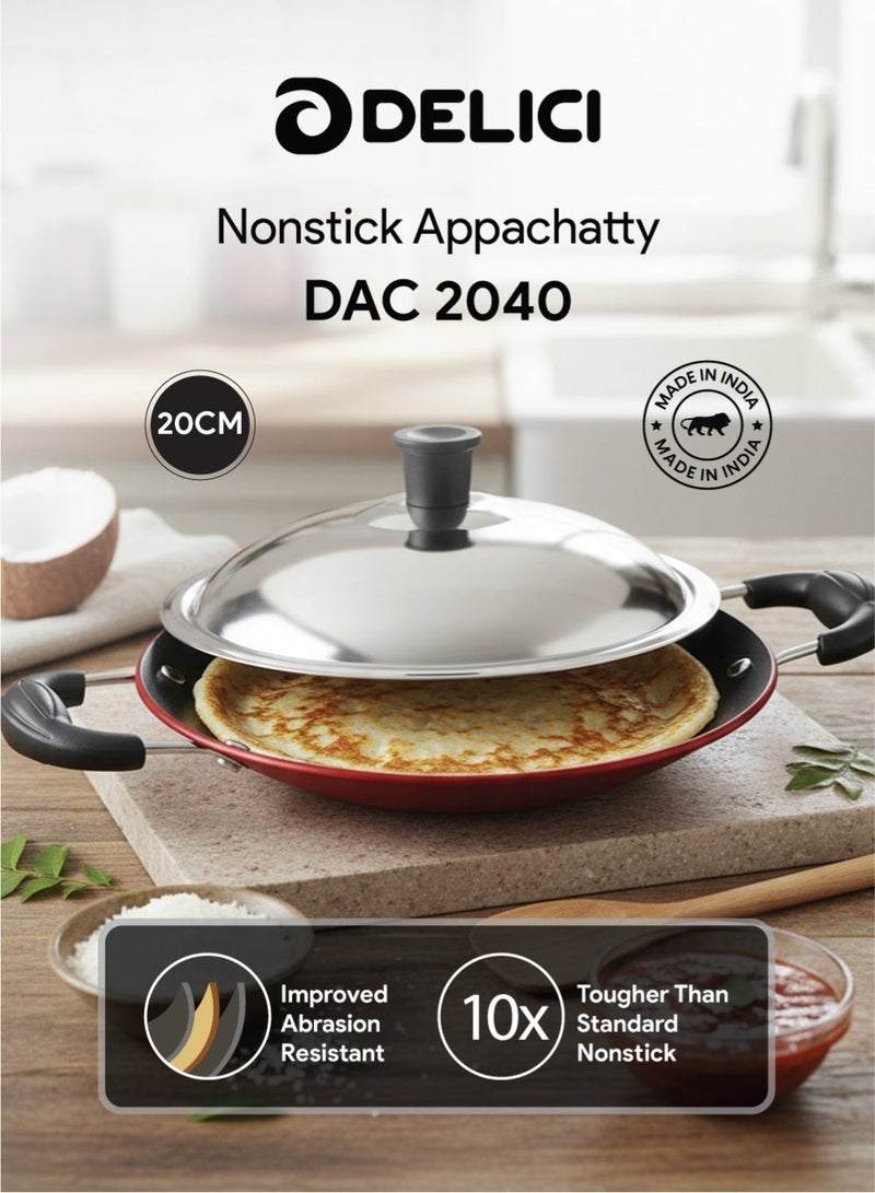 ديليتشي أباتشاتي غير لاصقة 20 سم (DAC 2040) - طلاء أقوى غير لاصق 10 مرات، مقلاة أباتشي مقاومة للتآكل، أباتشاتي متينة لأطباق أبام وبانيارام وأطباق الإفطار والغاز والأشعة تحت الحمراء - أسود - Image 1