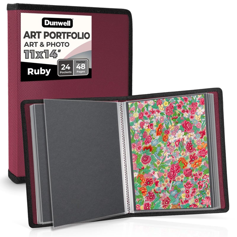 Dunwell 11x14 Art Portfolio Binder with Mounting Paper Ruby Large Portfolio Folder for Artwork Storage 24 Sleeves Displays 48 Pages AcidFree Poly 11 x 14 Presentation Book